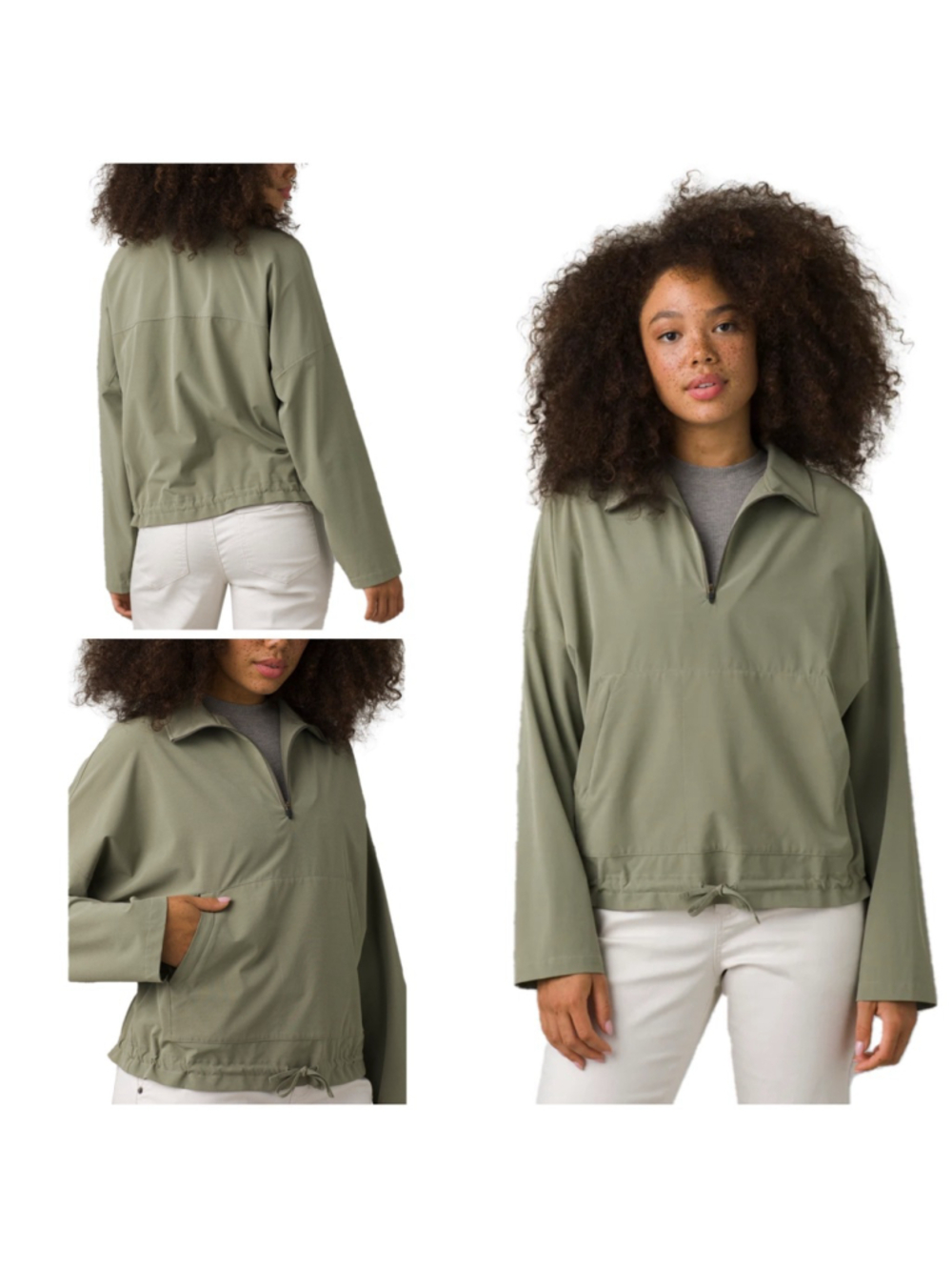 Prana Railay Pullover Womens XL Green 1/4 Zip Stretch Kangaroo Pocket Jacket Top